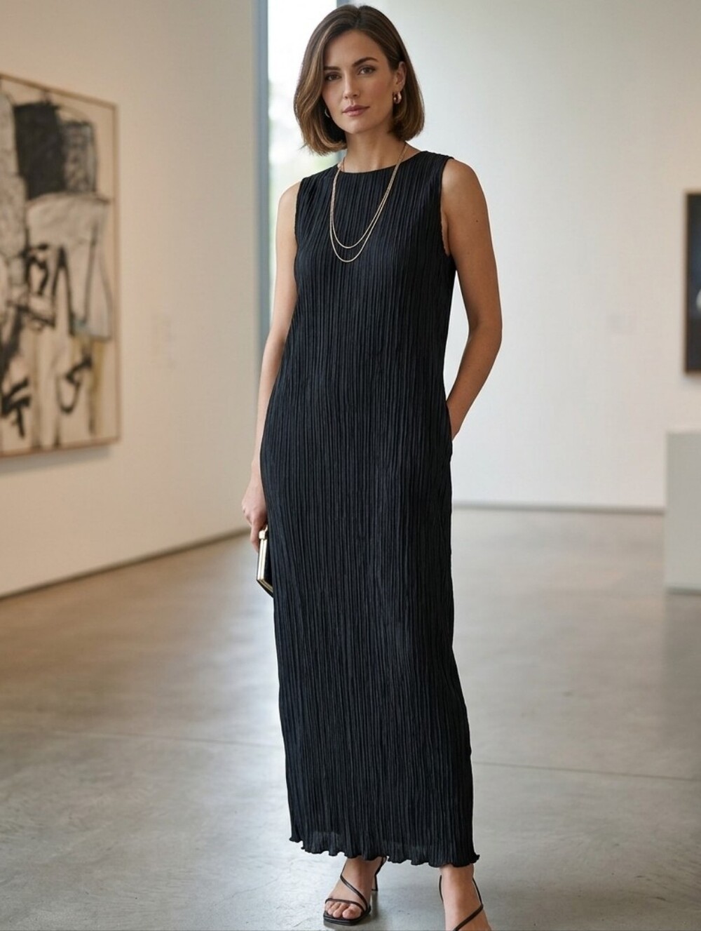 Zara Black Maxi Dress with Textured Pleats